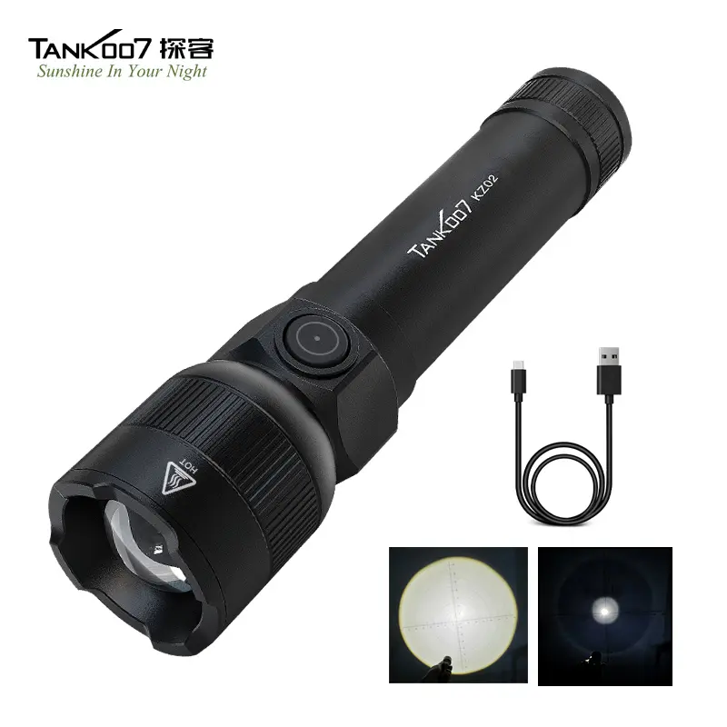TANK007 KZ02 Adjustable Focus LED Torch Built-in Battery Type-C Rechargeable Spotlight Floodlight Outdoor Emergency Flashlight