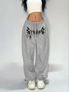 Women's Fall Winter Casual Loose Fitted Fleece Lined Warm Sweatpants, Trendy Letter Print Drawstring Waist Wide Leg Pants for Daily Wear, Casual Streetwear Pants