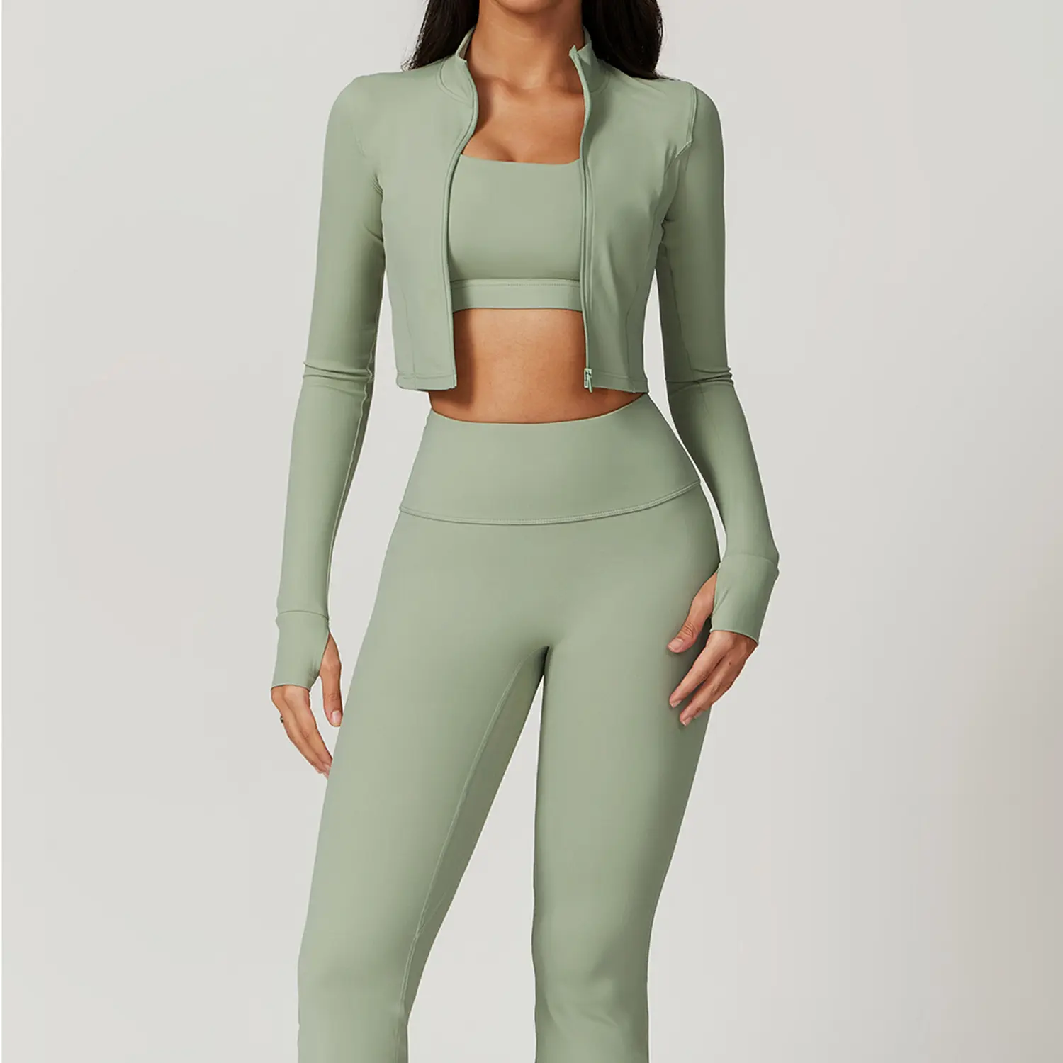 Long sleeved+bra+long pants in bean gree