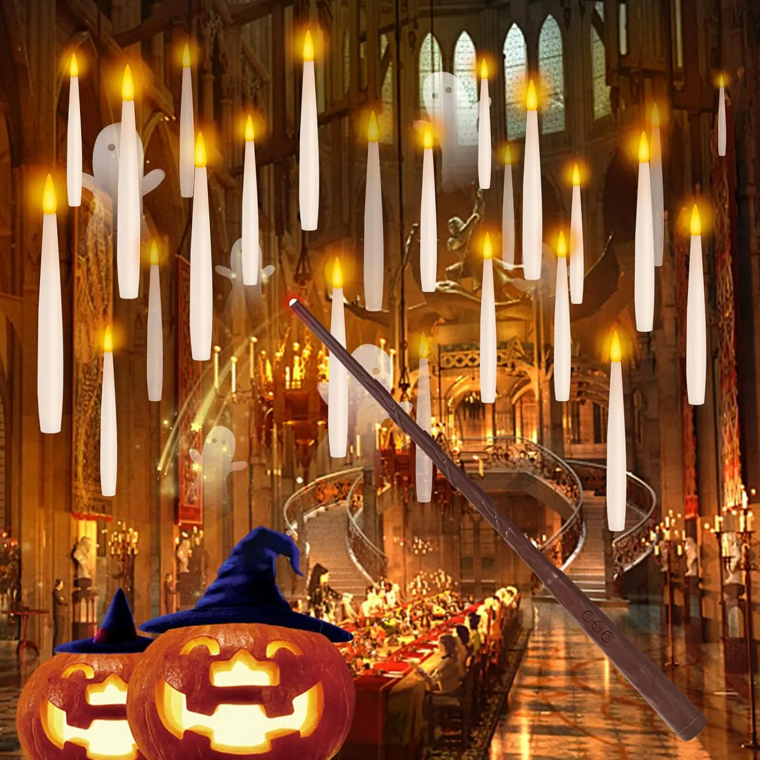6" x 0.4" White 24-Count Synthetic LED Floating Flameless Taper Candles - Wand Remote, Timer-Operated Hanging Lights with Magical Floating Effects, Festive Decoration for Room, Halloween, Christmas, Tree, Party
