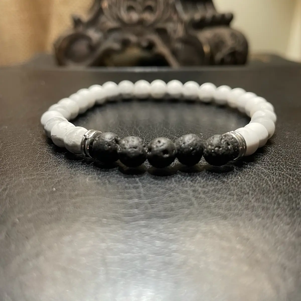 White Howlite and Black Lava Beads Bracelet for women and men.