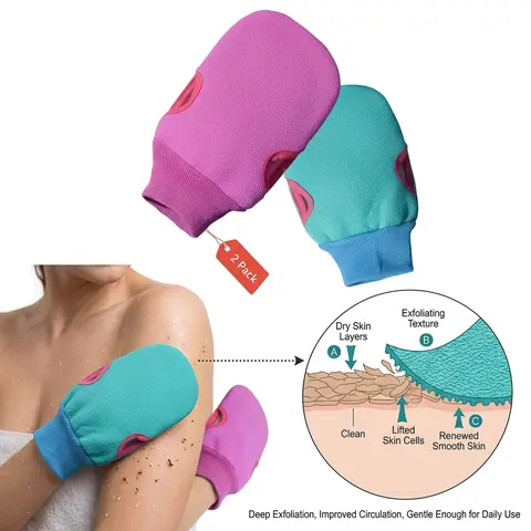 2pcs Soft Exfoliating Bath Gloves - Thick, Durable Double Texture Exfoliant Scrubber Gloves for Whole Body Bathing Accessories Set, Exfoliant Scrubber Glove