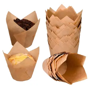 100-Count Standard Size Natural Parchment Paper Tulip Cupcake Liners, Food Grade Greaseproof Wood-Accented Bakeware Supplies, Eco-Friendly Muffin Holders for Oven, Wedding Party Use Baking Tools