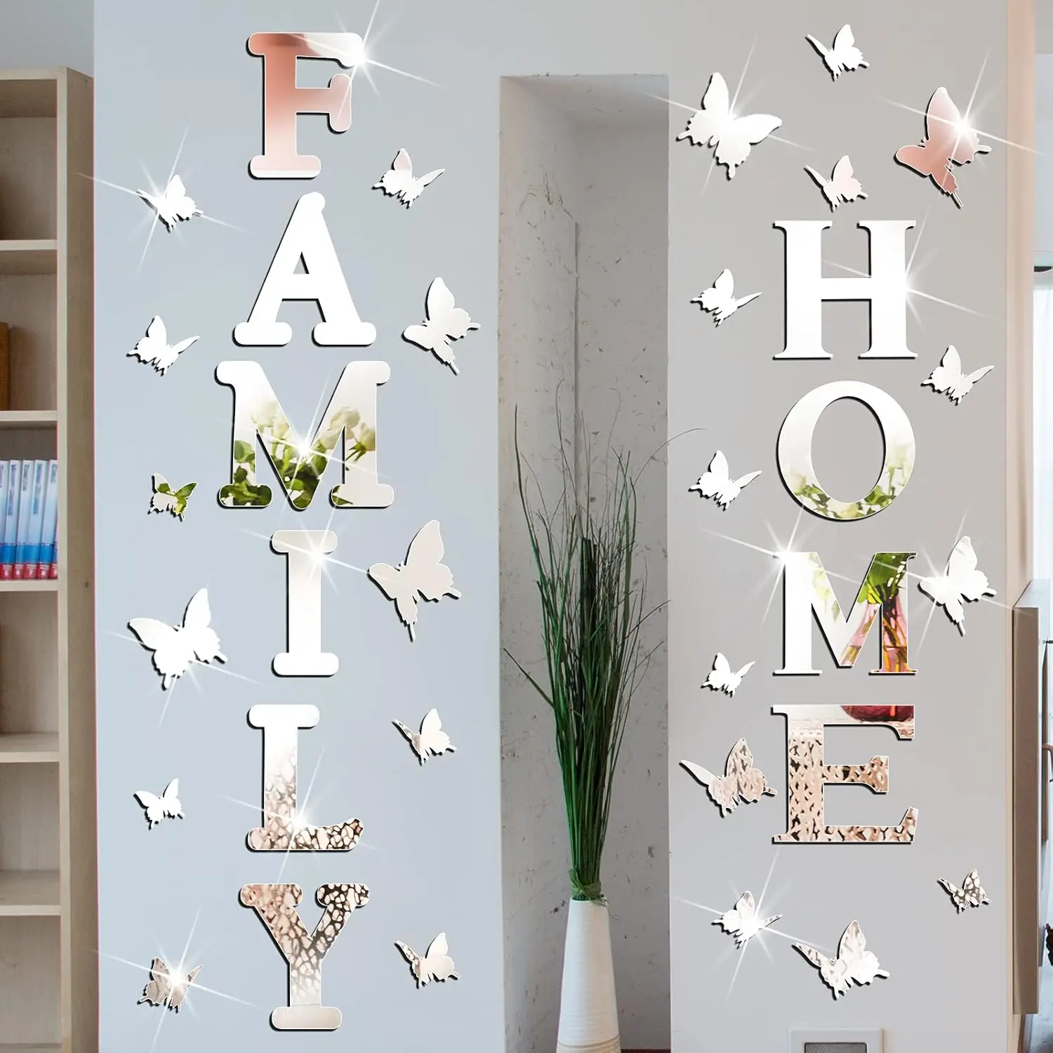 3D  Home Sign Letters Living Room Decor  Rustic Farmhouse Wall Decor  Mirror Decorative Butterfly Mirror Wall Sticker Decals for Living Room Bedroom Kitchen ()