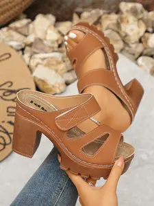 Women's Retro Thick Sole Chunky Heel Sandals, Summer Waterproof Platform High-Heeled Mules, Versatile Slip-On Slides