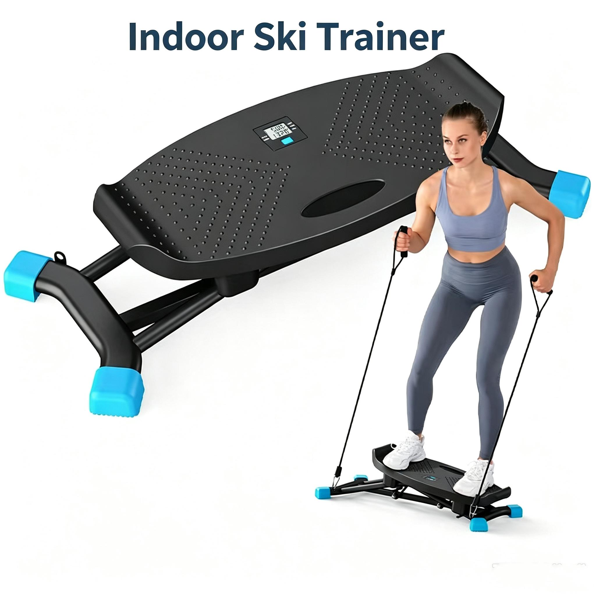 Indoor Ski Trainer Glide Stepper - Household Compact Home Gym Fitness Equipment with Resistance Bands, Textured Grip, Display Screen for Full Body Coordination Training