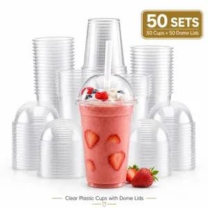100 Pcs 16oz Clear Plastic Cups With Lids, Plastic Cups With Dome Lids, 50 Cups + 50 Flat Lids, Disposable Cold Drink Cups For Iced Coffee, Milk Tea, Smoothies, Milkshakes, Juice, Cafe Takeout, Party And Holiday Supplies