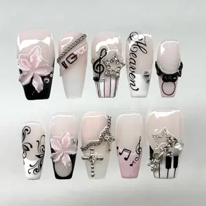 Heaven Melody Press On Nails, 3D Flowers, Piano Keys & Silver Cross Charms, Nails For Elegant Gothic Vibes