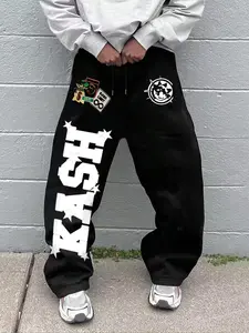 Kash Star Letter Print Wide Leg Thin Sweatpants, Hip-Hop Street Style American Sports Pants, Loose Fit Elastic Waist, All Seasons