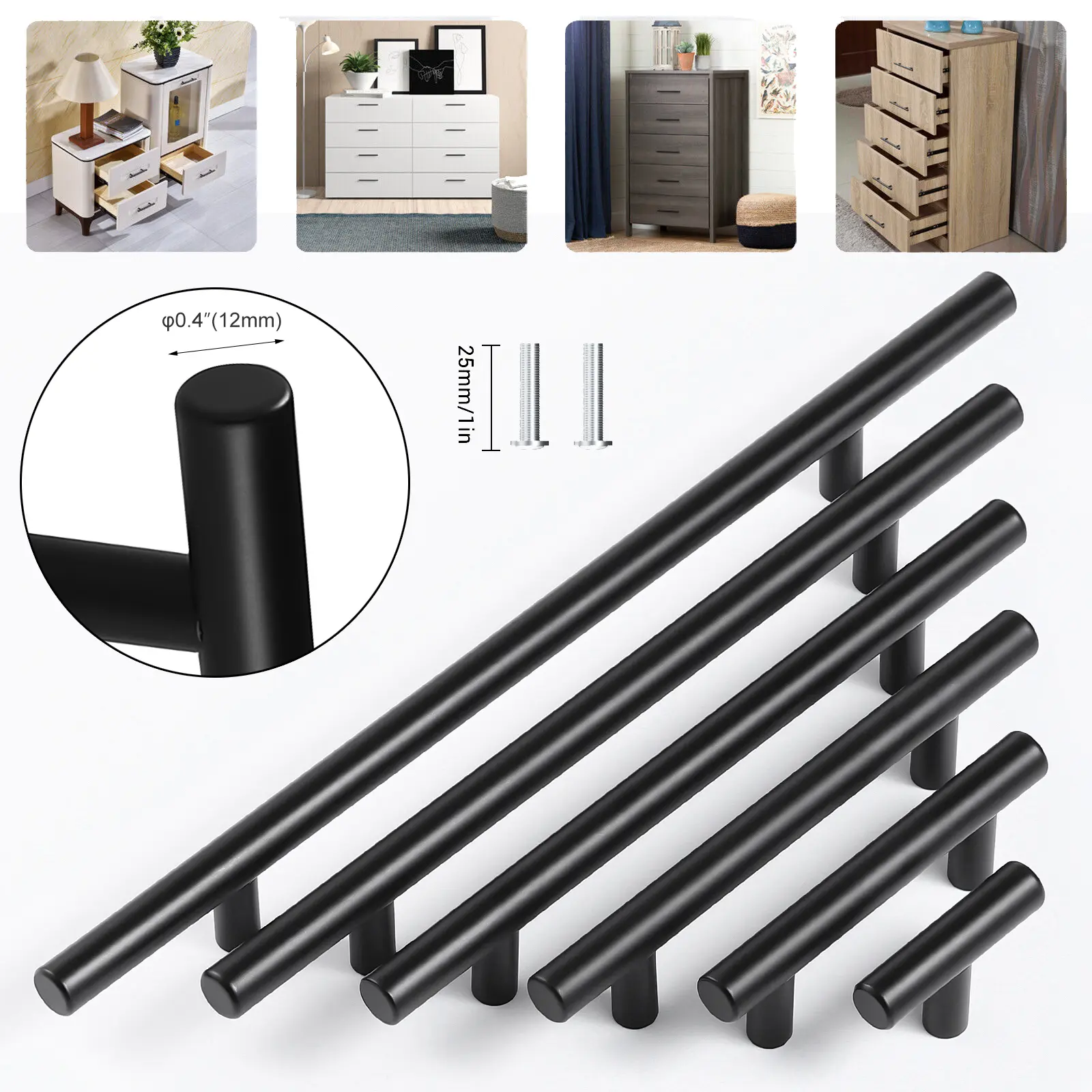 Dazone Matte Black Stainless Steel T Bar Cabinet Handle Pulls 12mm Diameter 2-16 Inch Length Modern Design Easy Install Kitchen Bathroom Cupboard Knobs