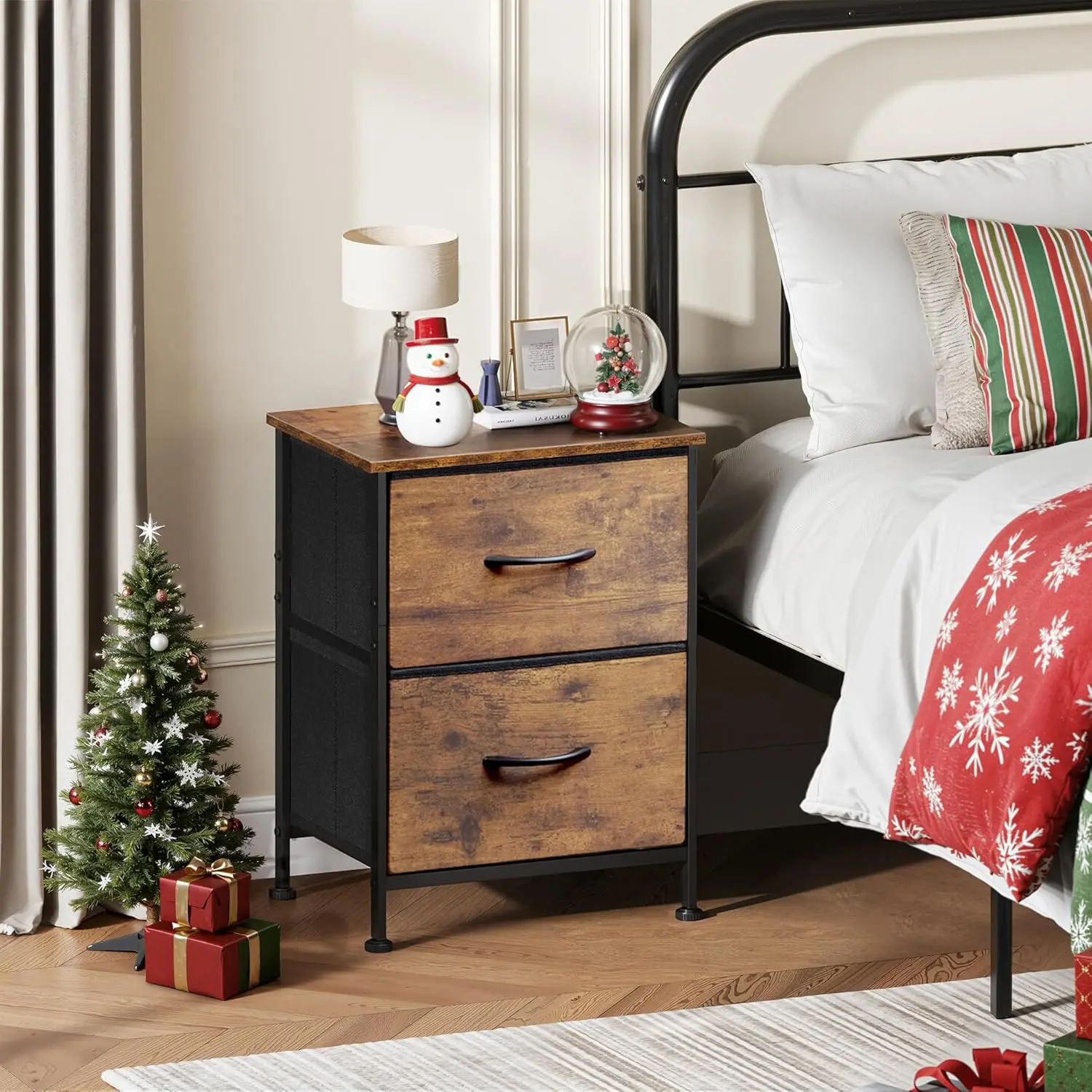 Simple and Functional Small Brown Neutral Wooden Bedside Table - 2 Drawers, Fabric Box, Metal-Accented Top, Home Organizer Storage Rack for Bedroom, University Dormitories (Compatible with Side Tables, Closets)