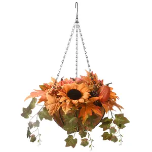 18 in. Fall Hanging Basket with Ivy Leaves, Sunflowers, Cones, Berries, Gourds, Pumpkin