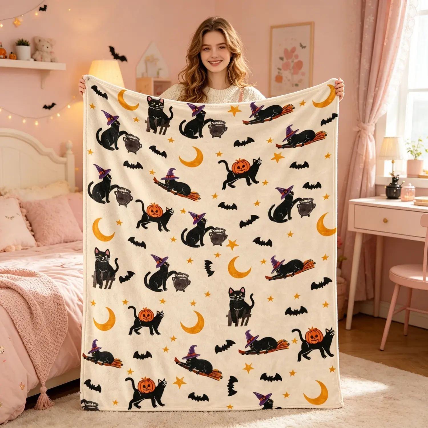 Unisex Full Body Anti-Pilling Flannel Fleece Hay & Harvest Halloween Black Cat Plush Throw, Soft Cozy Blanket with Witch Cat & Pumpkin Print, Fall Home & Travel Camping Hiking Sleeping Gear Decor, Machine Washable