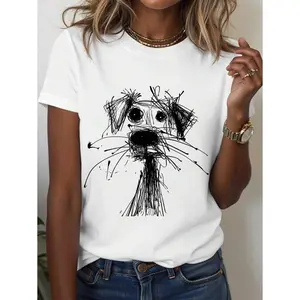 Puppy Doodle Print Casual T-Shirt Round Neck Short Sleeve Summer Top, Versatile Dog Lover Apparel and Playful Everyday Wear