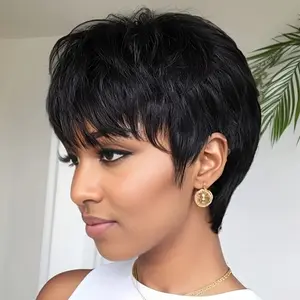 Short Straight Bob Wig Pixie Cut Wig Human Hair For Black Women With Bangs Brazilian Virgin Hair Full Machine Cheap Wig Black