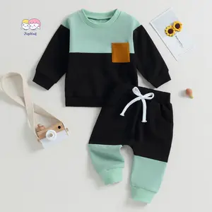 Baby Boys Pants Set, Contrast Color Long Sleeve Crew Neck Sweatshirt with Elastic Waist Sweatpants Infant Clothes