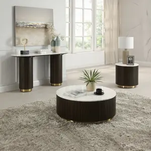 Acme LV03945 Clayten Espresso Finish Wood 35" Round Marble Top Coffee Table with Gold Metal Accents & Ribbed Design