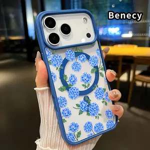 Magnetic Phone Case for iPhone 17 Pro Max 16 Plus 15 14 13 12 11 Air E Blue Hydrangea Dream Pattern Transparent Acrylic Back TPU Edges Drop-Proof Lightweight Cover