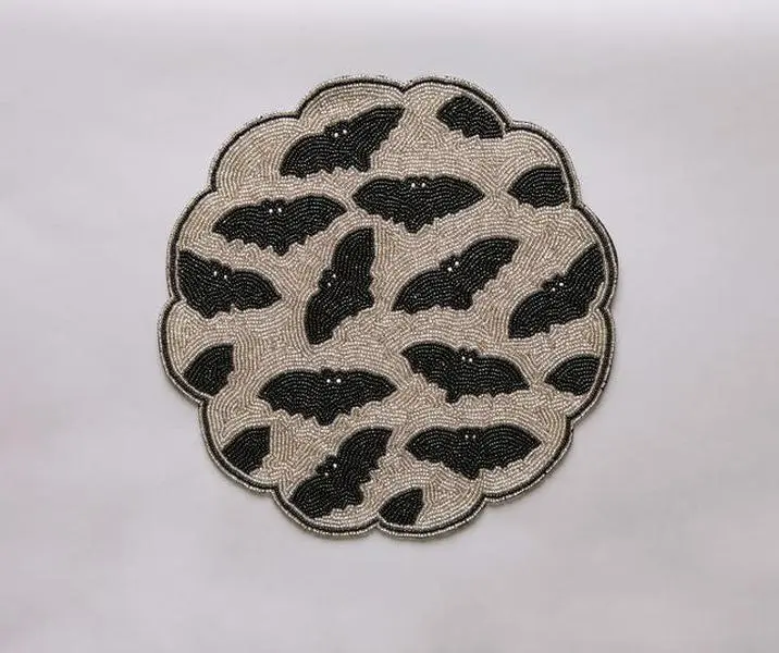 Halloween Bat Beaded Placemat Handmade Round Black Gold Table Decor Gothic Dining Mat Scalloped Edge Spooky Party Setting Gift