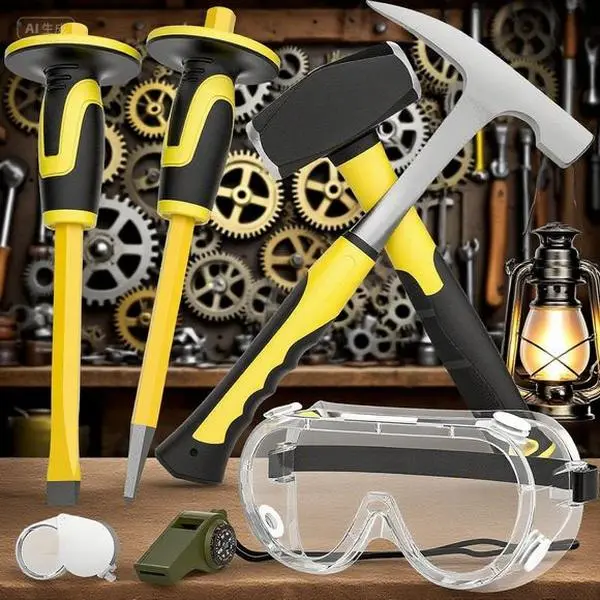 High-Carbon Steel 7-Piece Geology Tool Kit - 3 lb Sledge Hammer, 32 oz Rock Hammer, 12-inch Masonry Chisel, 2pcs Mason Chisel, 3-in-1 Whistle, Eye Protection, Jewelers Loupe - Durable Portable Hand Tools for Rock Hounding, Stone Work, Gold Mining