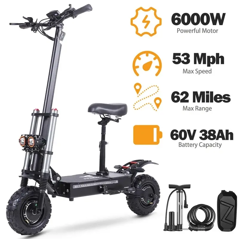 J30MAX High Speed Foldable Electric Scooter, 6000W Dual Motor Drive, 38AH Battery, 11in Off-Road Tyres, 53MPH Speed, 62Miles Range, App Control, Adjustable Handlebar, High Speed Scooter
