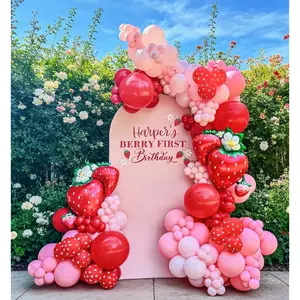 Berry Themed First Birthday Kit with Red & Pink Balloons, Strawberry Foil Cluster for Baby Shower
