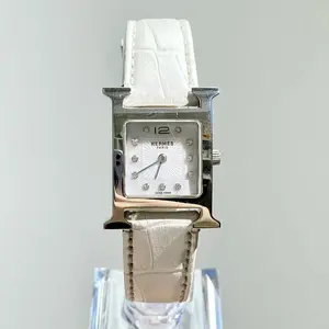 Hermès Heure H Small 21mm Quartz Stainless Steel Aftermarket White Mother-of-Pearl Diamond Dial Leather Ladies Watch MWT000665