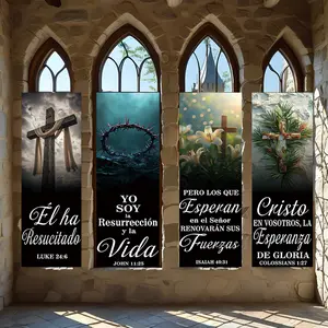 4 Pcs Religious Banners, Polyester Material Christian resurrection theme hanging banners with bible verse prints suitable for Easter church celebration event and home prayer room wall decor to enhance religious spiritual atmosphere