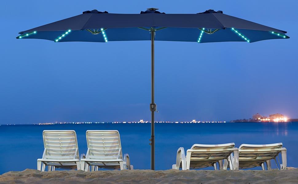 【12 Light Model Umbrella】Yaheetech 13ft Patio Parasol with Multi-Mode LED Lights Strips and Base Stand Triple-Vented Outdoor Umbrella