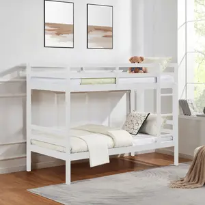 Twin Over Twin Wooden Bunk Bed | High Safety Guardrail | Built-in Ladder | No Box Spring Needed | White | For Kids Teens Dorm Guest Room