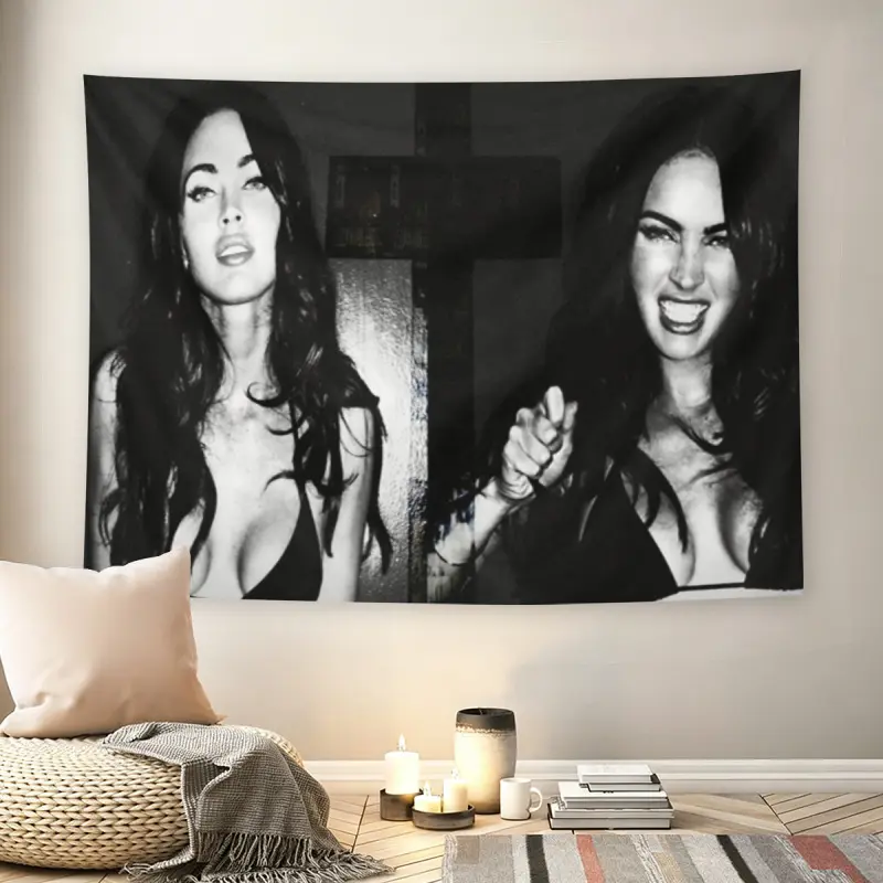 Me-gan Fox Black White Cross Wall Flag, Jennifer's Body Grunge Tapestry, Mid-century Modern Dark Academia Living Room Wall Decor for Adult Fans, Gothic Hollywood Star Wall Hanging