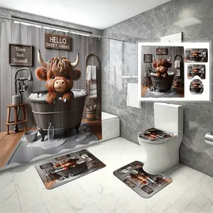 4pcs Highland Cow Bathroom Set, Hello Sweet Cheeks Shower Curtain, The floor mat fabric is thicker and softer!  Soft Rug, Toilet Seat Cover, Cute Farmhouse Print, Retro Western Decor