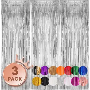 3 Pack 3.3x8.2 Feet Silver Foil Fringe Backdrop Curtains Tinsel Streamers Birthday Party Decorations Fringe Backdrop for 2025 New Years Eve Graduation Baby Shower Gender Reveal