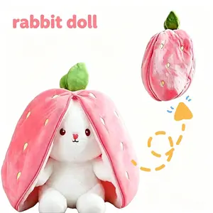 7 inches,Reversible Strawberry & Long-Eared Bunny Plush Toy — (#SummerVibes)Zipper Design, Soft & Adorable Stuffed Animal (Children's Gift), Stress-Reliever, Easter Decoration & Holiday Gift