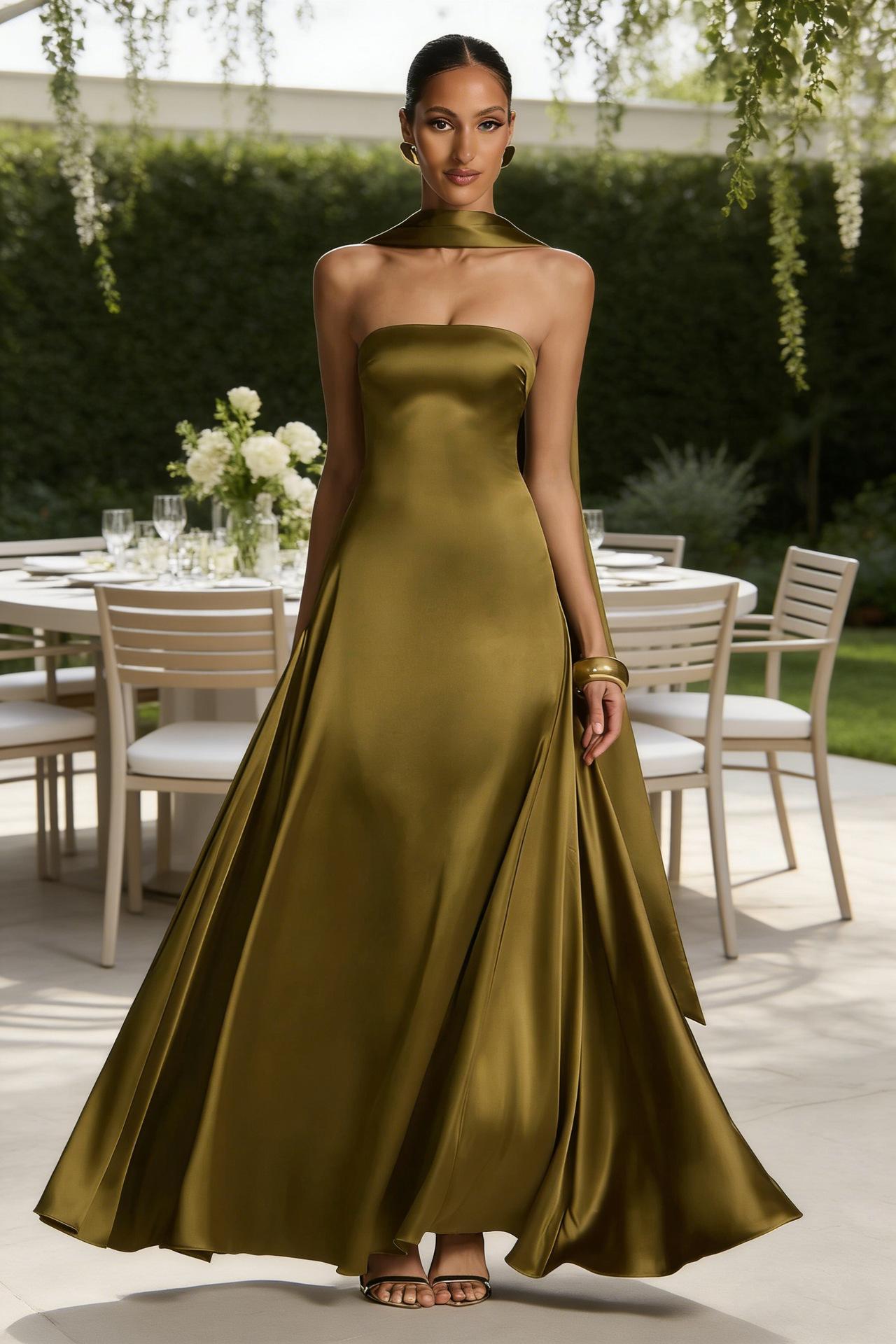 Womens Backless Tube-Top Waist-Cinching Evening Gown Long Dress