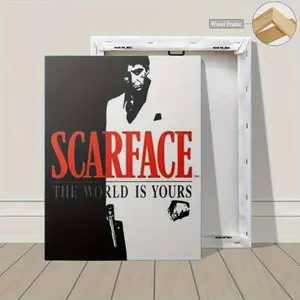 1pc Framed Canvas Poster - Black & White Classic Movie Wall Art, "The World Is Yours" Scarface Quote, Pine Wood Frame, Ideal for Living Room, Bedroom, Office Decor, Home Decoration Gift, Living Room Artwork |   Pine Wood Frame. Ornaments Artistic