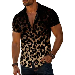 Verdusa Men's Leopard Print Button Down Shirt Short Sleeve Collar V Neck Casual Shirts