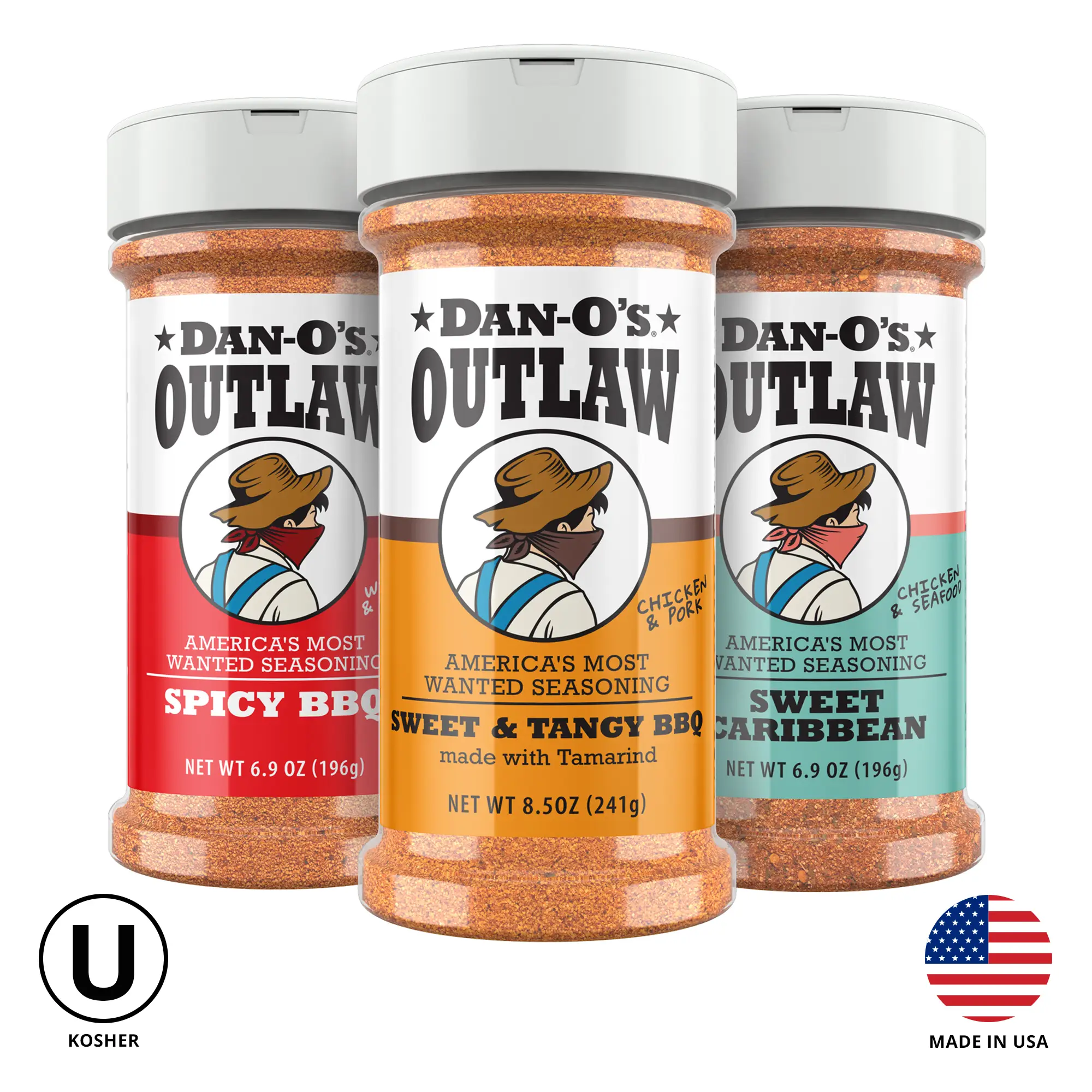 Dan-O's Most Wanted Bundle - Outlaw Seasoning 3 Bottle Combo - Sweet Caribbean, Spicy BBQ, and Sweet & Tangy BBQ