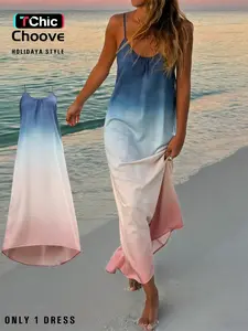 Women's Fashion Blue& Pink Gradient Strapless Dress, A-Line Hem, Vacation Wear, Daily Wear, Casual Wear, Stylish Summer, Print, Womenswear, Elegance