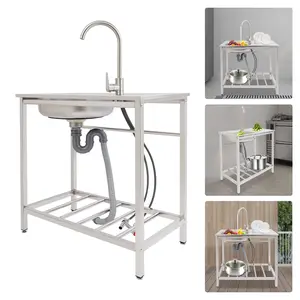Freestanding Stainless Steel Sink with Hot Cold Water Faucet 35x32x14cm Basin 40kg Capacity Portable Dish Washing Station for Home Kitchen Garden Restaurant