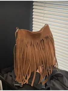 Women 2026 Autumn Winter Retro Faux Suede Mini Tassel Square Bag Adjustable Long Strap Lightweight Minimalist Handbag Solid Color Soft Material for Daily Casual Work Commute Vacation Student Use