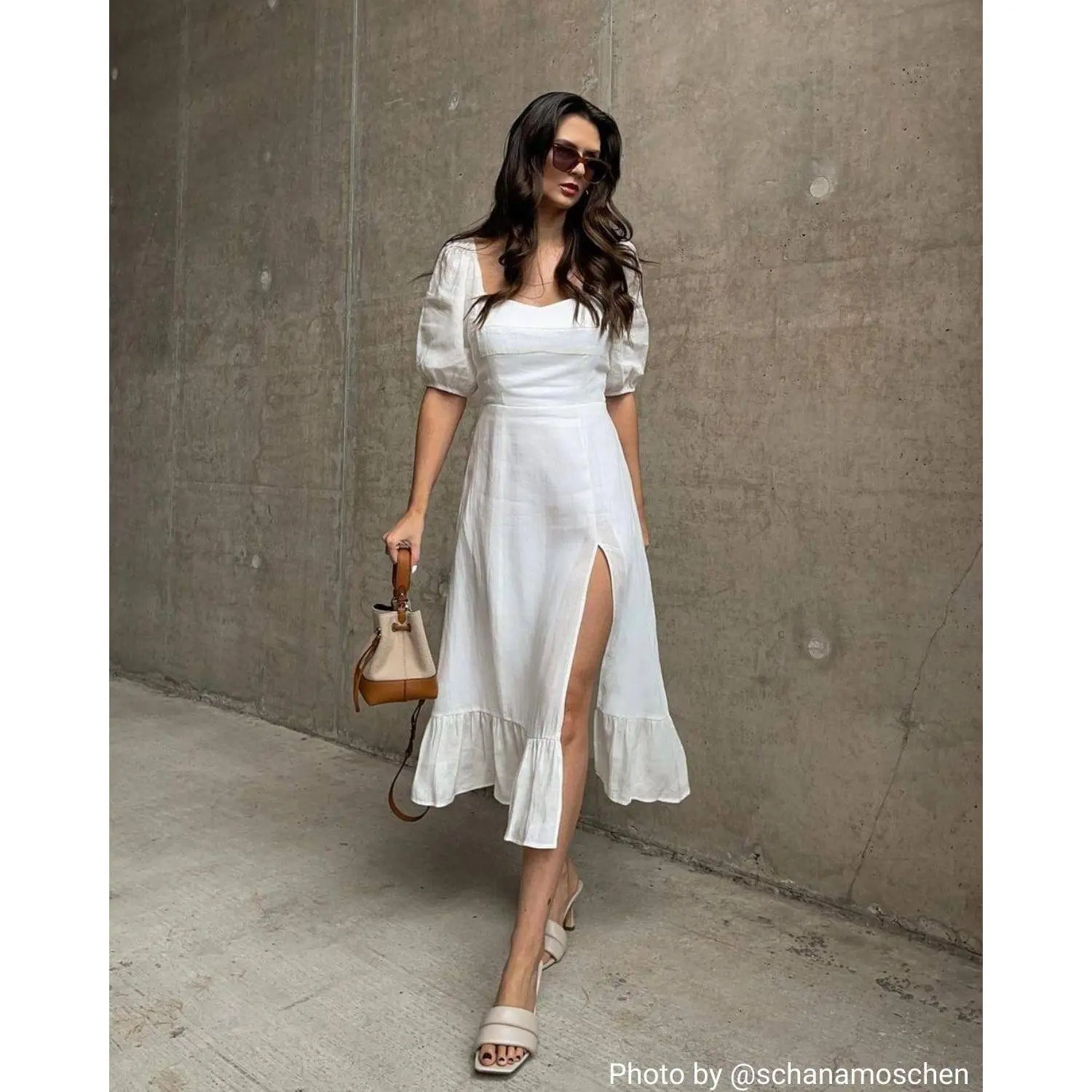 RIHOAS Women's Square Neck Puff Sleeve Midi Dress - Casual Linen Cotton Blend with Side Slit, Shirred Back Zipper, Shirred Zipper, Dresses For Women