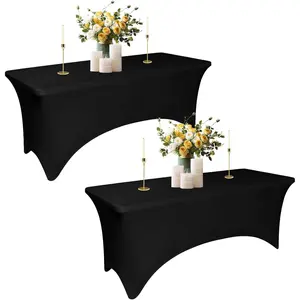 2Pack Black Spandex Table Covers for 6 Foot Tables - 6 FT Universal Rectangular Fitted Stretch Tablecloth Protector, Washable and Wrinkle Resistant,  for Trade Shows, Wedding, Party