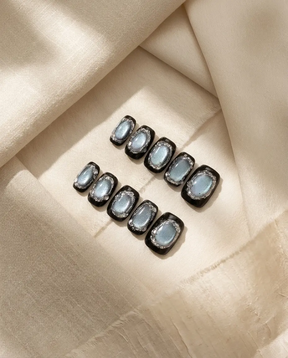 Obsidian Glow Press-On Nails - 10 Pieces Handmade Reusable Fake Nails with Crystal Accents, Manual Fit, Luxurious Look for Hand Art