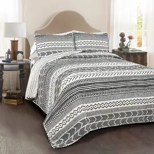 Lush Decor Hygge Geo Quilt 3 Piece Set - Black and White Patterned Quilt, Includes Two Pillows & One Cover, Cozy and Stylish Design