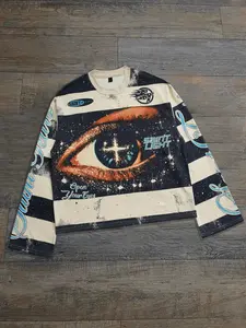 Striped printed round neck long sleeved T-shirt for men with flared sleeves, unisex retro printed eye pattern, Graphic, American retro Y2K Streetwear, Classic