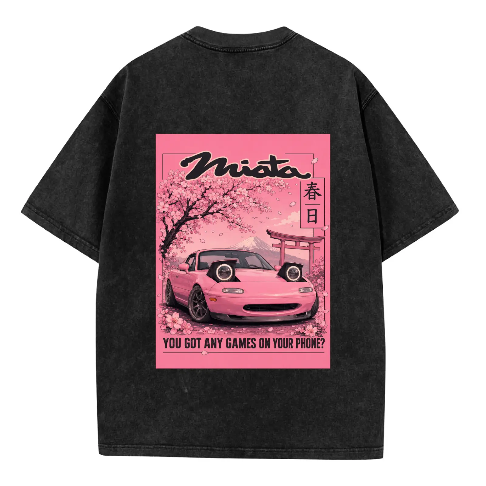 Unisex Retro Mazda Miata Graphic T-Shirt, Miata “You Got Any Games on Your Phone?” Car Tee, Vintage Washed Japanese Sports Car Shirt, Pink Car Back Print Streetwear, Car Guy Gift for JDM Fans, Miata NA,Cherry Blossoms Miata,Sakura Miata,Cute Miata T