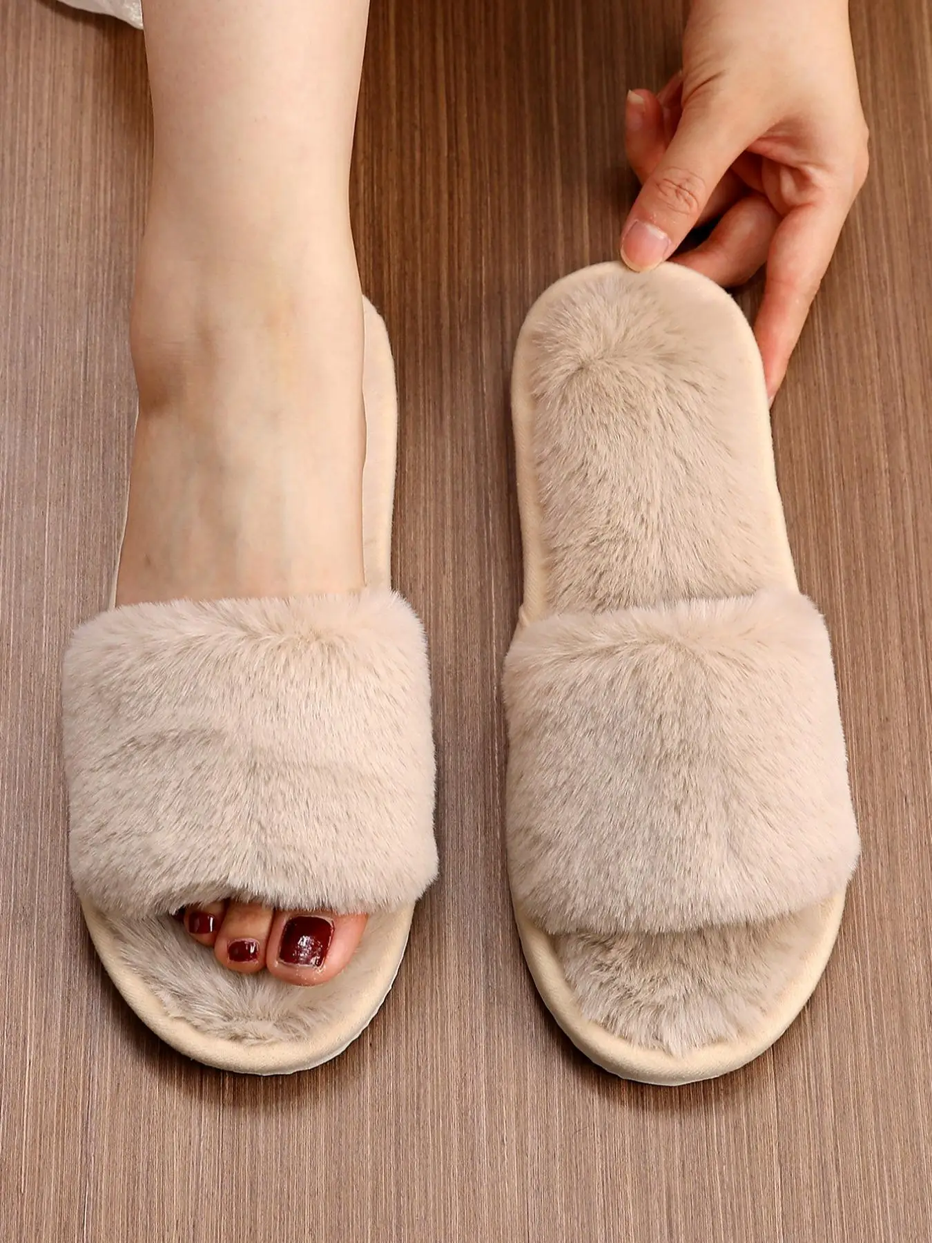 2024 Women's Simple Style Matching Bedroom Fuzzy Slippers, Plain Color Going Out Cozy Slippers, Fashionable Soft Warm House Slippers with Open Toe Des