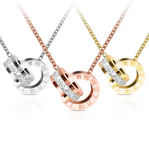 Women's Interlocking Circle Pendant Necklace Stainless Steel Roman Numeral Chain Necklaces for Creative Gift and Party