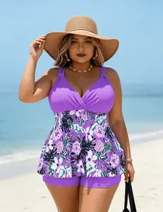 Plus Size Bathing Suit for Women, Plus Size 2 Piece Tankini Bathing Suit, Floral Print V Neck Swimwear for Curvy Women